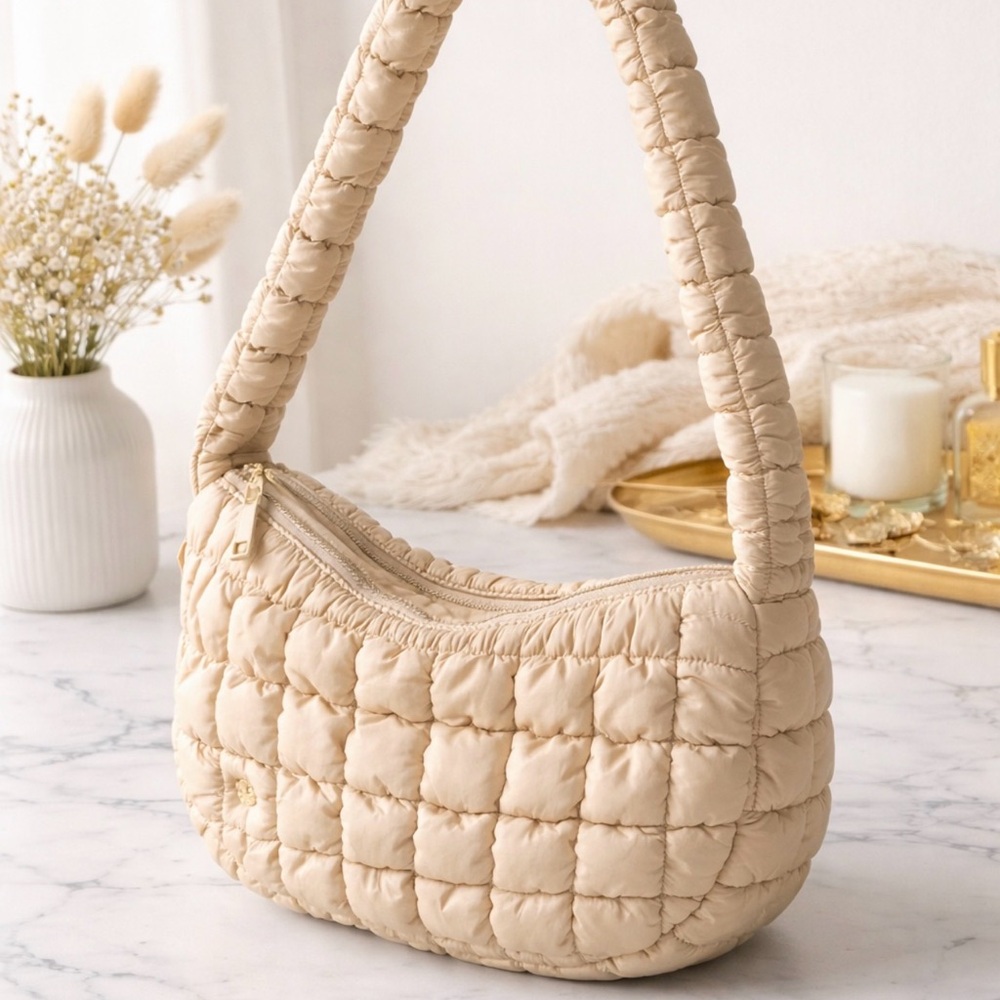Simply Southern Quilted Puffer Hobo Bag Beige Padded Shoulder Bag NWT